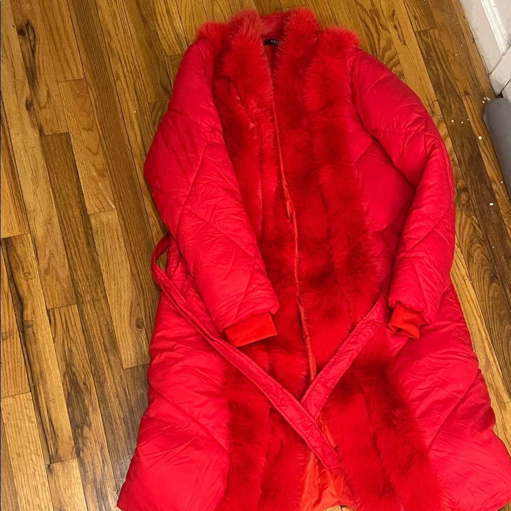 AKIRA Vibrant Red Puffer Coat with Fur Trim